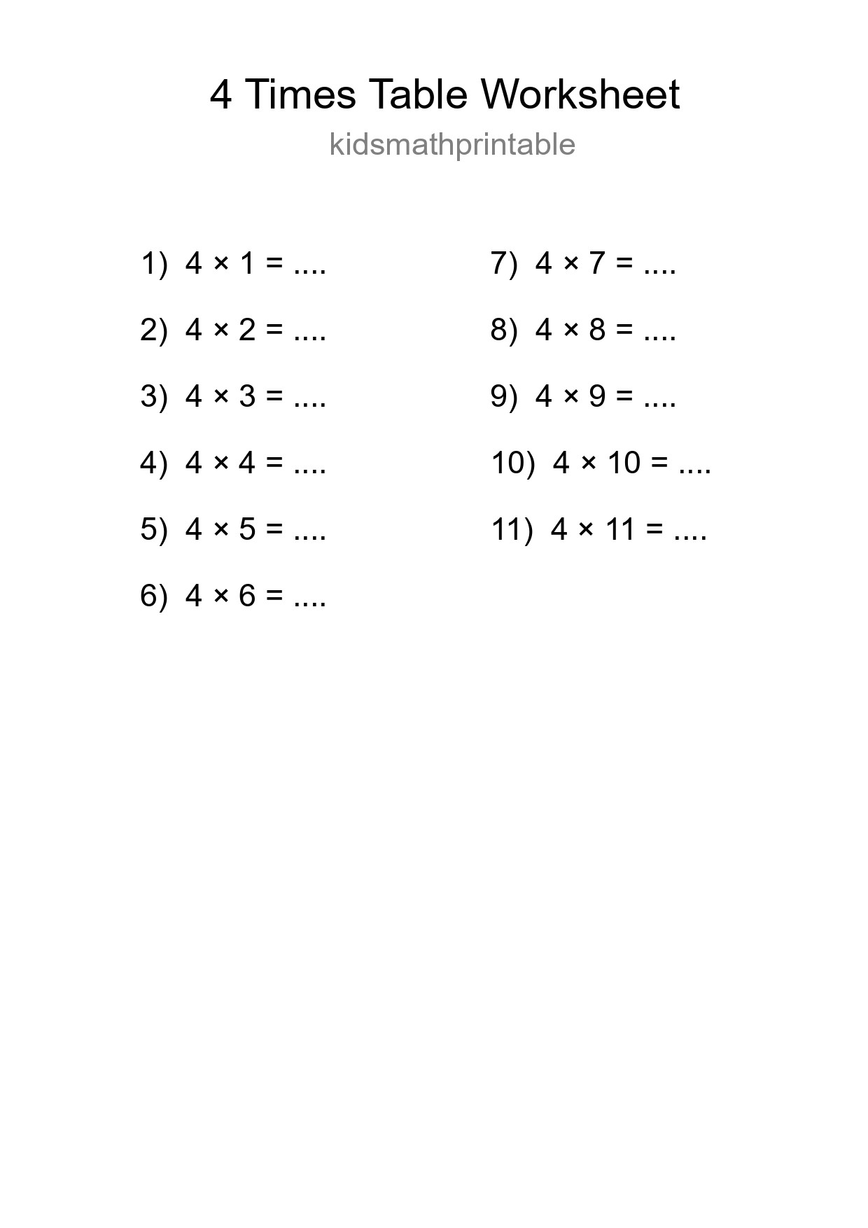 Printable 4 Times Table Worksheet For Grade 2 - Part 174