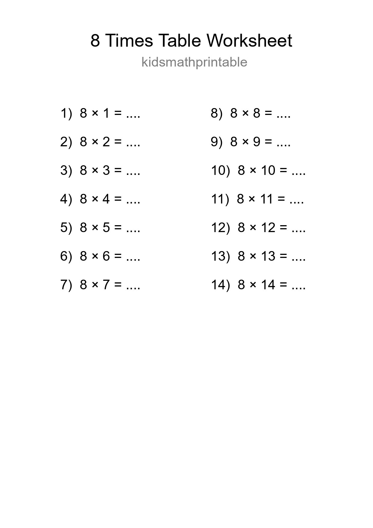 Printable 8 Times Table Worksheet For Grade 3 - Part 152