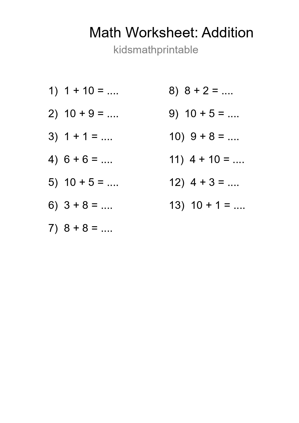 Printable Free 13 Addition Math Worksheet For Grade 1 - Part 144