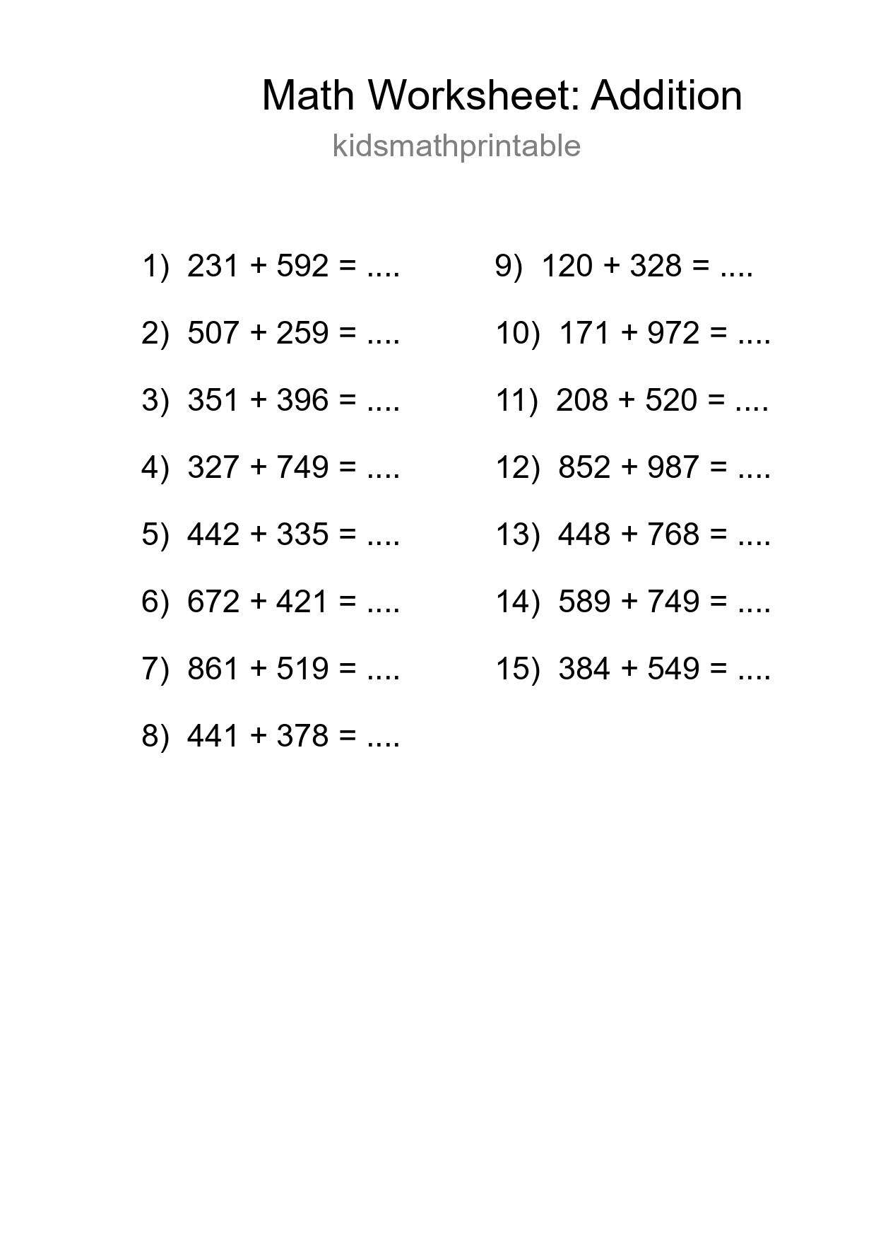 Printable Free 15 Addition Math Worksheet For Grade 5 - Part 89