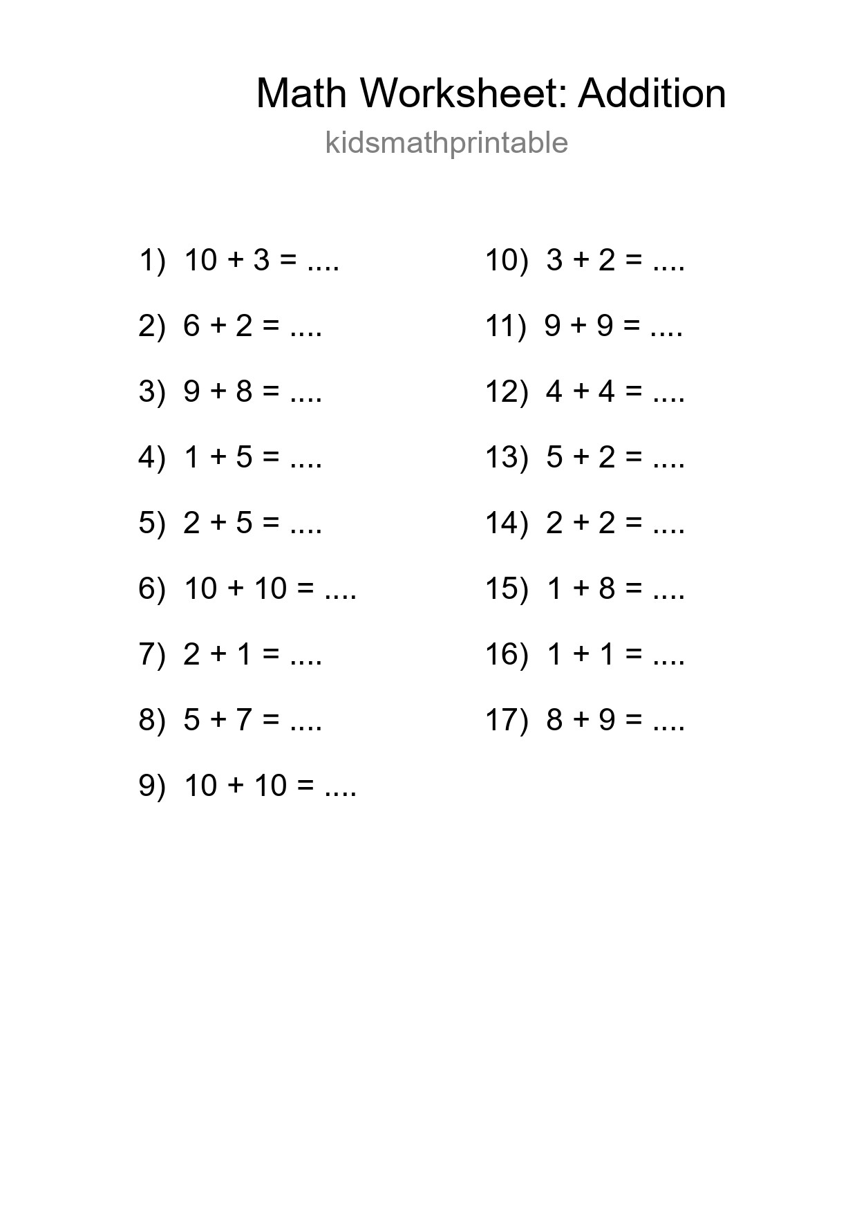 Printable Free 17 Addition Math Worksheet For Grade 1 - Part 122