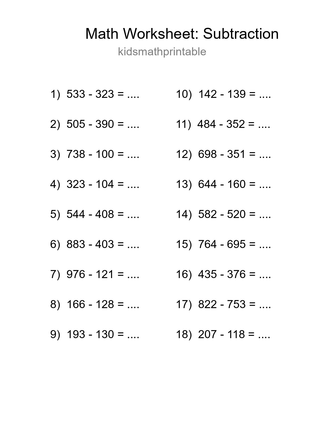 Printable Free 18 Subtraction Math Worksheet For Grade 5 - Part 217
