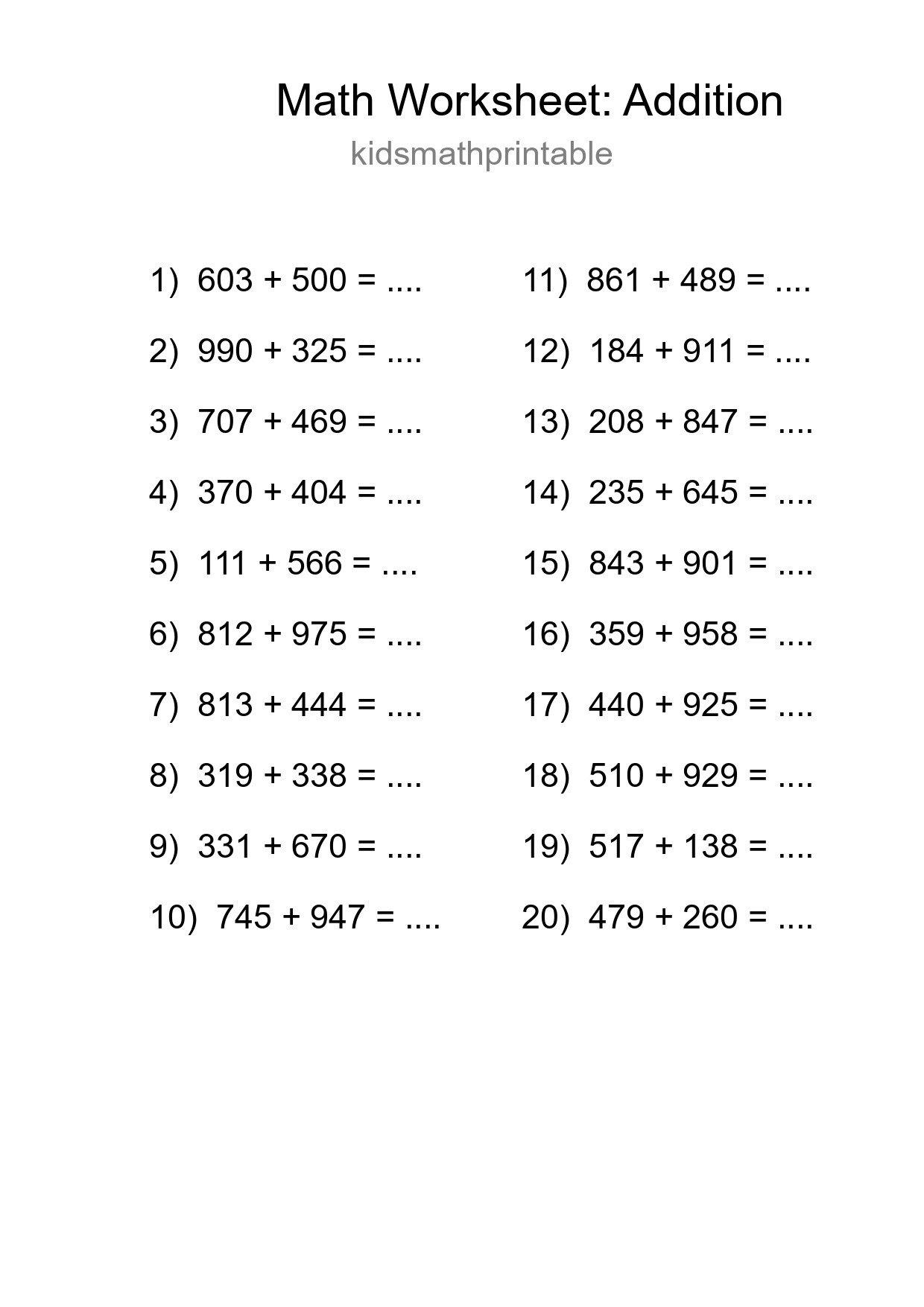 Printable Free 20 Addition Math Worksheet For Grade 5 - Part 188