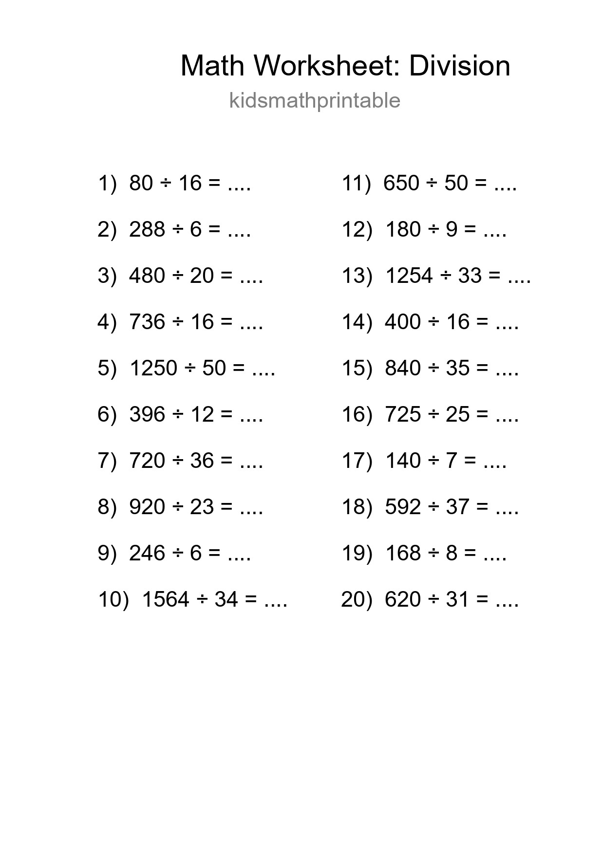 Printable Free 20 Division Math Worksheet For Grade 2 - Part 180