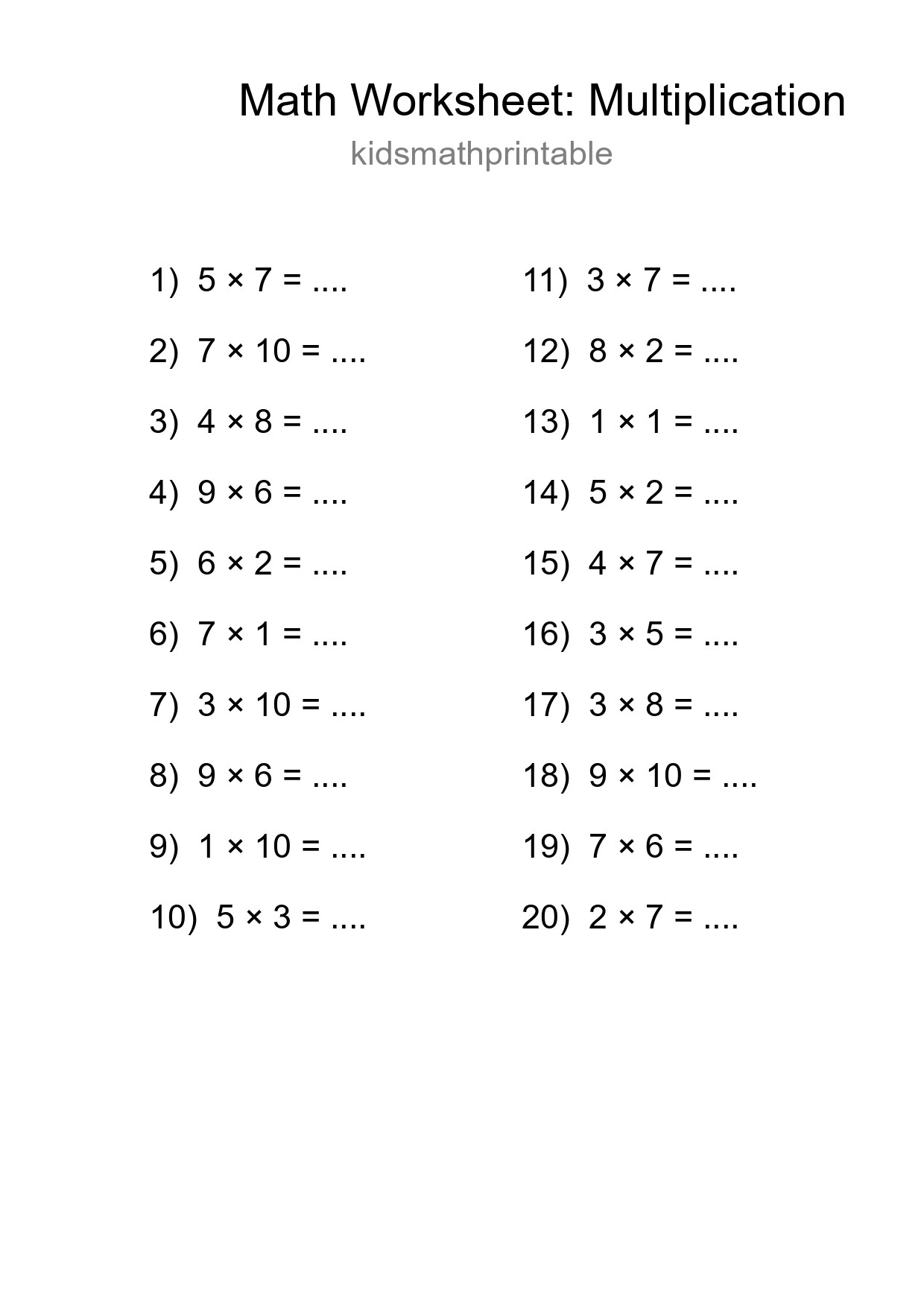 Printable Free 20 Multiplication Math Worksheet For Grade 1 - Part 29