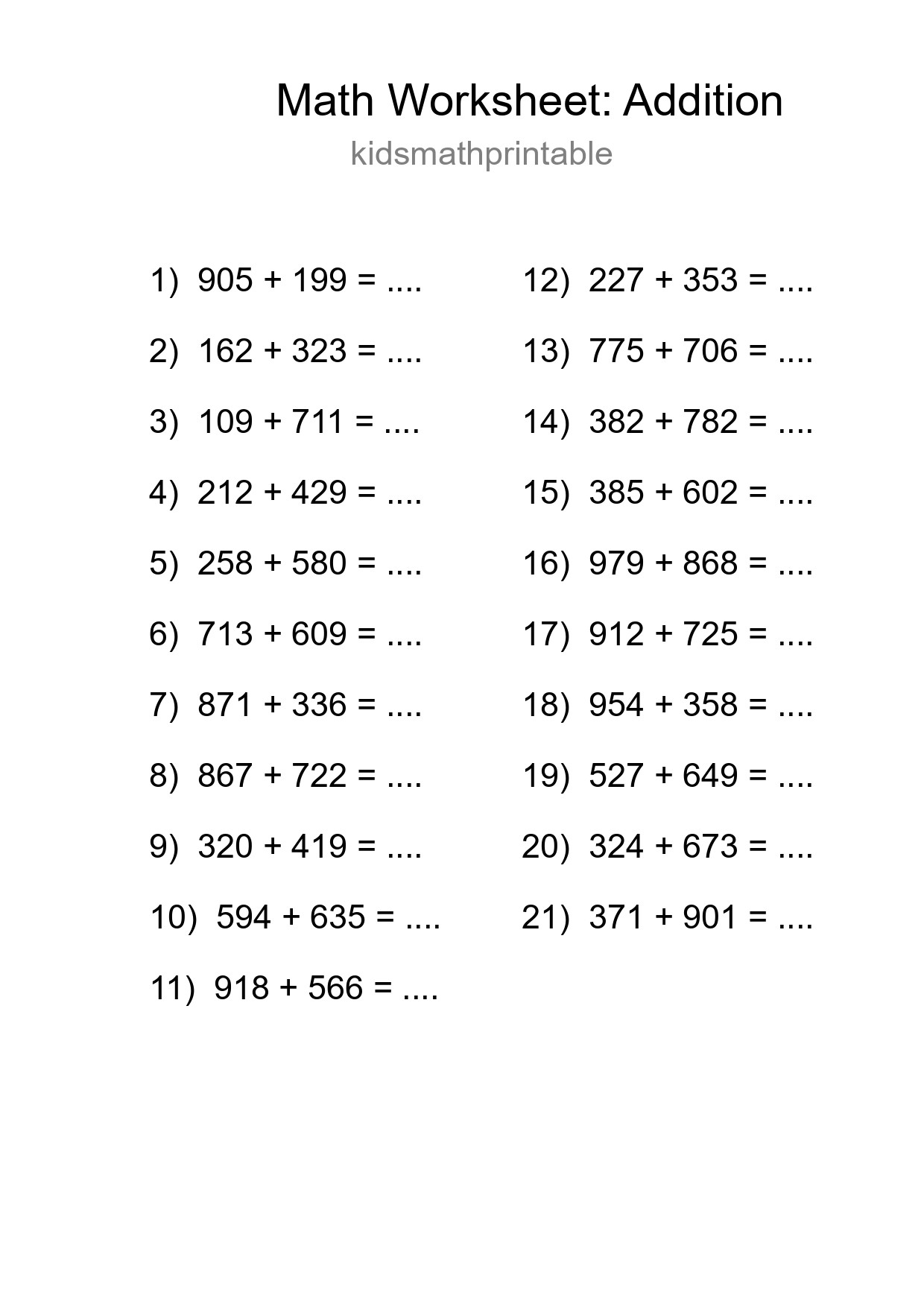 Printable Free 21 Addition Math Worksheet For Grade 5 - Part 276