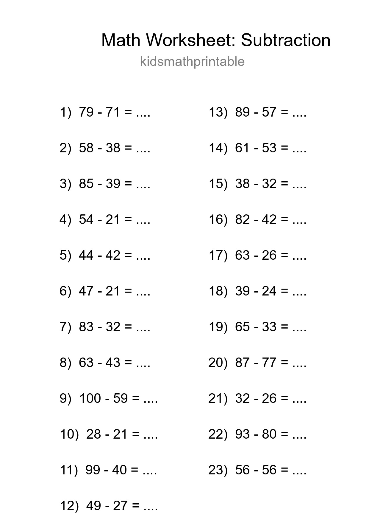 Printable Free 23 Subtraction Math Worksheet For Grade 3 - Part 250