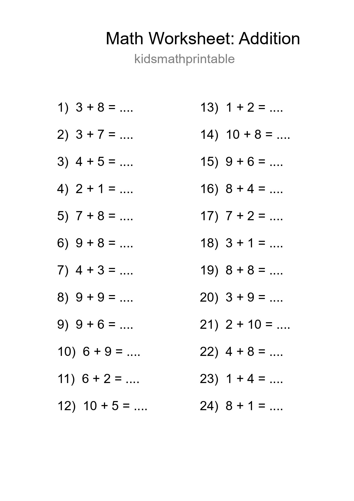 Printable Free 24 Addition Math Worksheet For Grade 1 - Part 133