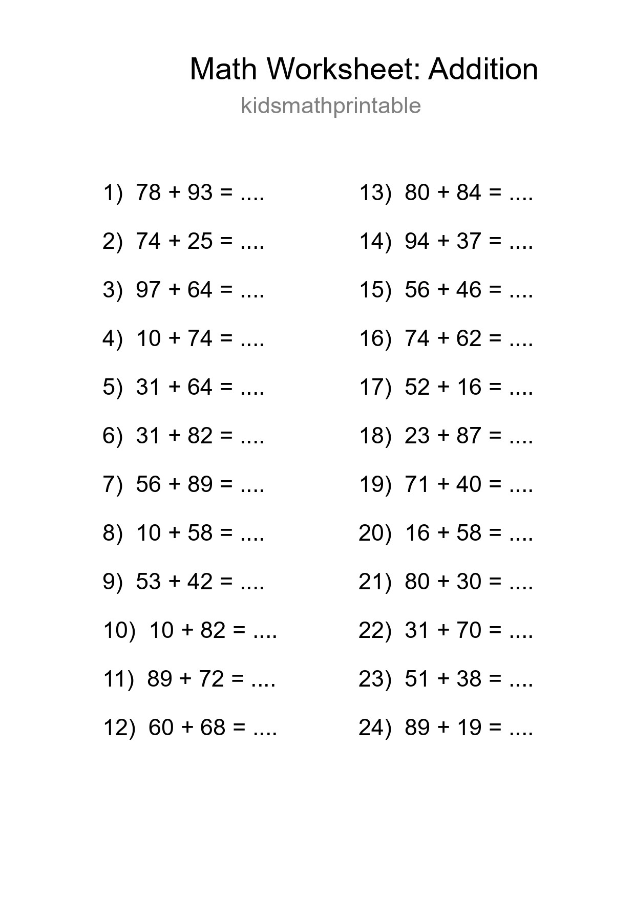 Printable Free 24 Addition Math Worksheet For Grade 3 - Part 177