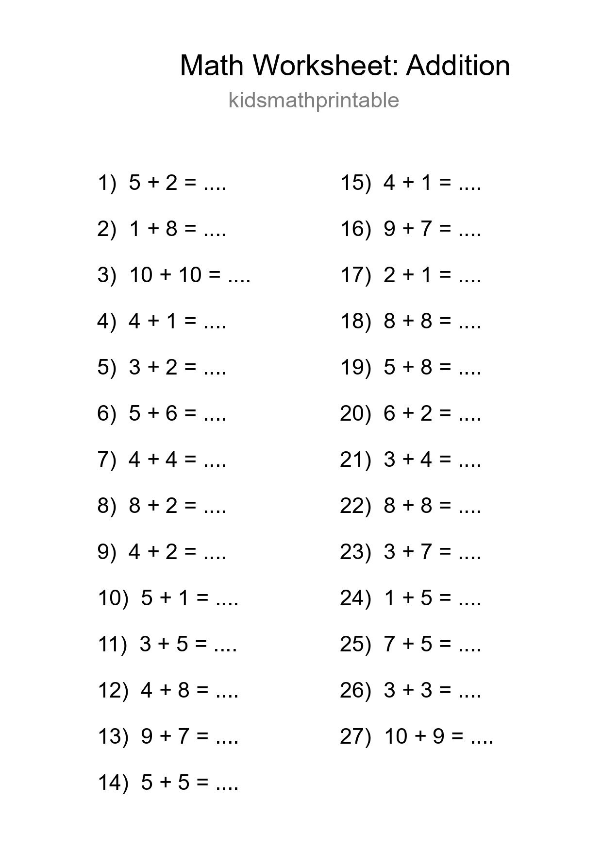 Printable Free 27 Addition Math Worksheet For Grade 1 - Part 265
