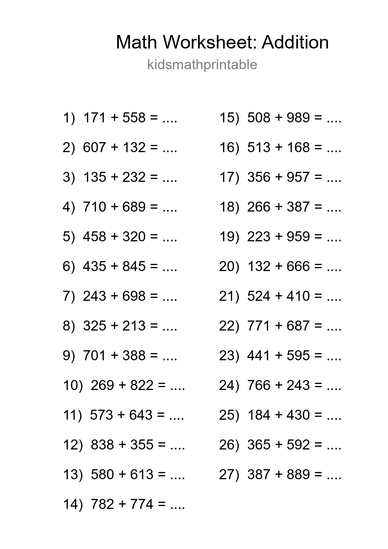 Printable Free 27 Addition Math Worksheet For Grade 5 - Part 210