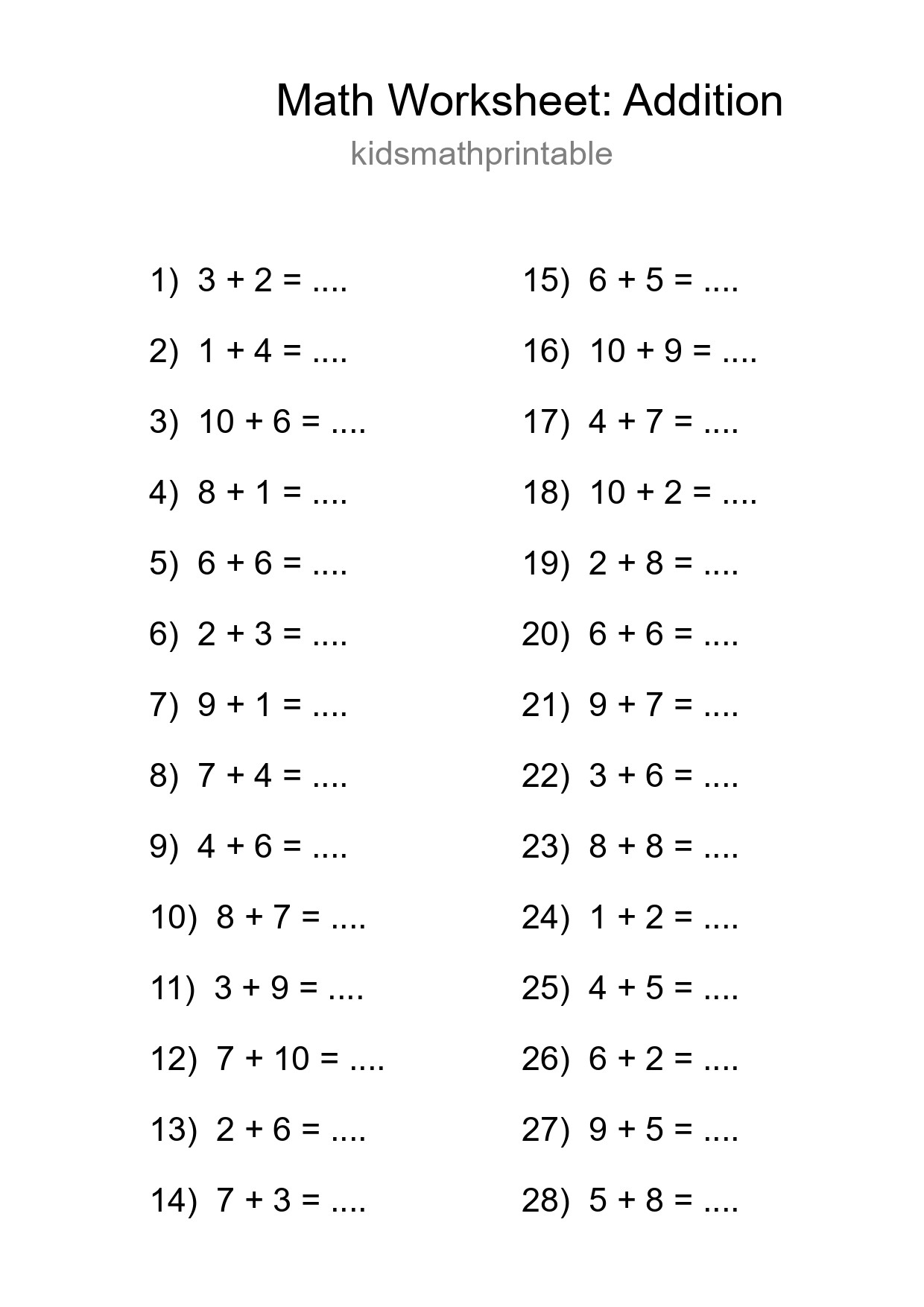 Printable Free 28 Addition Math Worksheet For Grade 1 - Part 56