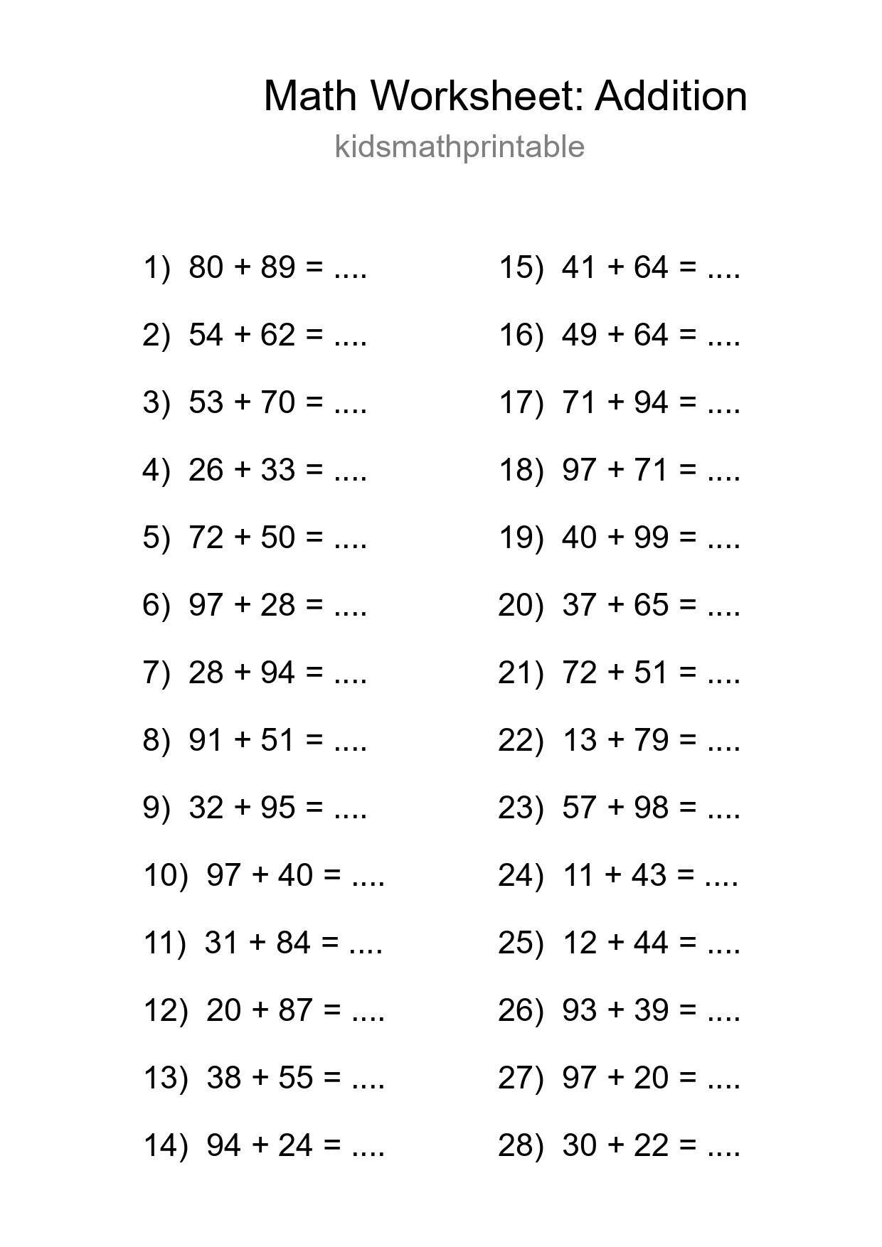 Printable Free 28 Addition Math Worksheet For Grade 3 - Part 12