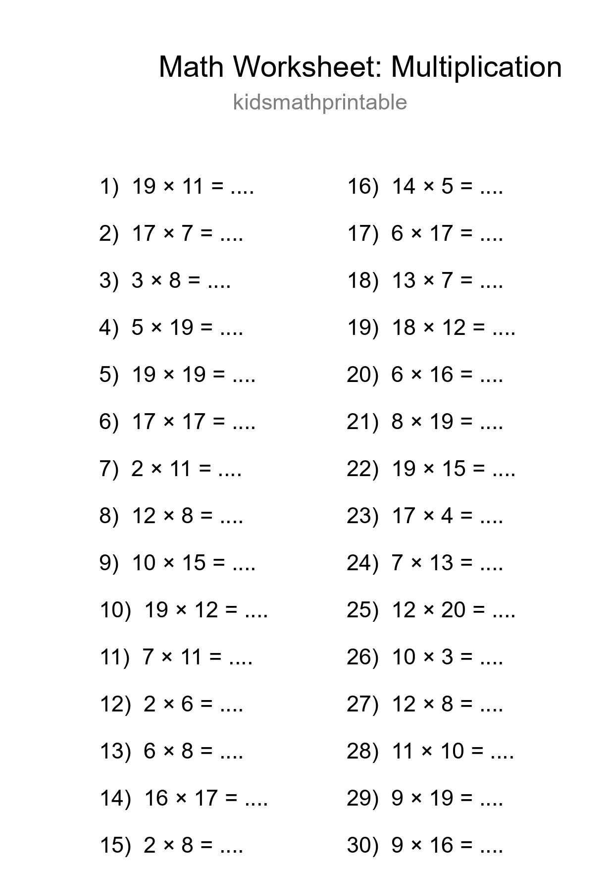 Printable Free 30 Multiplication Math Worksheet For Grade 2 - Part 150